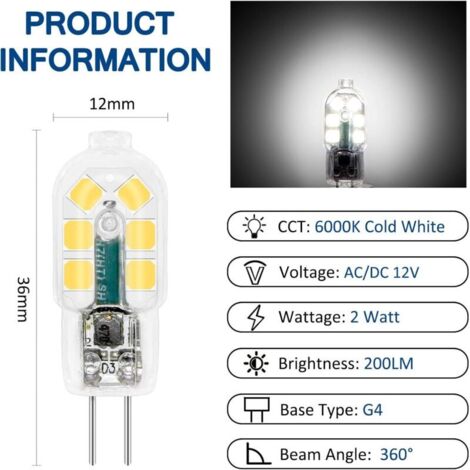 Ampoule Hotte Aspirante G4 LED 12V 2W Blanc Froid 6000K, 200LM, Halogène G4, LED Lampe G4 12V AC DC pour Camping Car/Hotte Cuisine, non-dimmable, lot de 10 [Classe énergétique A+]