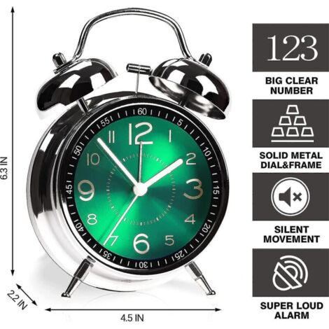 Réveil super puissant pour adultes qui dorment lourdement, double cloche rétro 4 pouces, silencieux, sans tic-tac, à quartz , cadran lumineux, réveils pour chambre à coucher