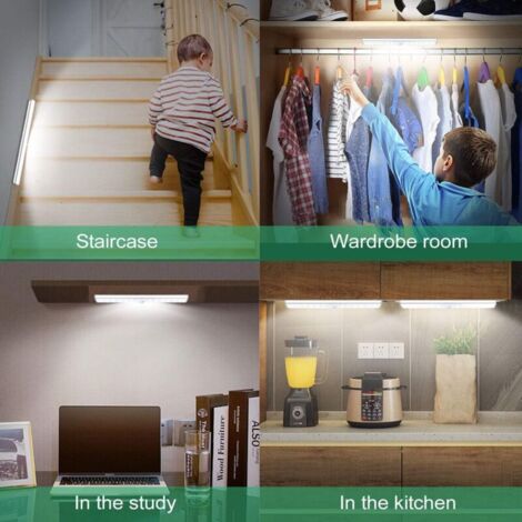 Lampe de Placard 4 Pcs 24 LED, Lampe Led Détecteur de Mouvement 3 Modes d’Éclairage, Lampe LED Rechargeable, Reglette Led Cuisine Sans Fil, Lumiere Led Veilleuse pour Armoires/Couloirs/Garage (1/3)
