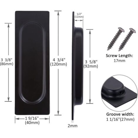 Lot de 2 poignées rectangulaires encastrées pour porte coulissante 12 x 4 x 1,2 cm en acier inoxydable noir mat (1/3)