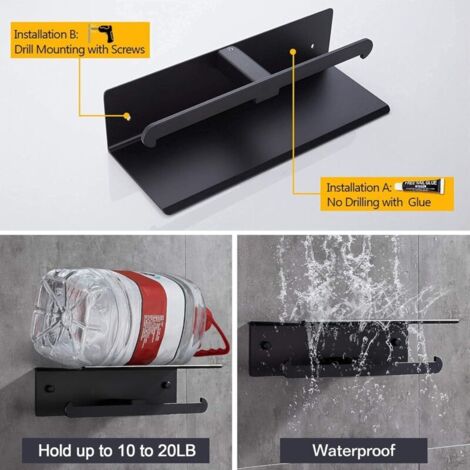 Porte Papier Toilette Mural Aluminium Double Support Hygiénique Rouleau avec Plateforme de Rangement sans Perçage avec Protection de Bord et Anti-Chute pour Salle de Bain WC Noir (1/3)