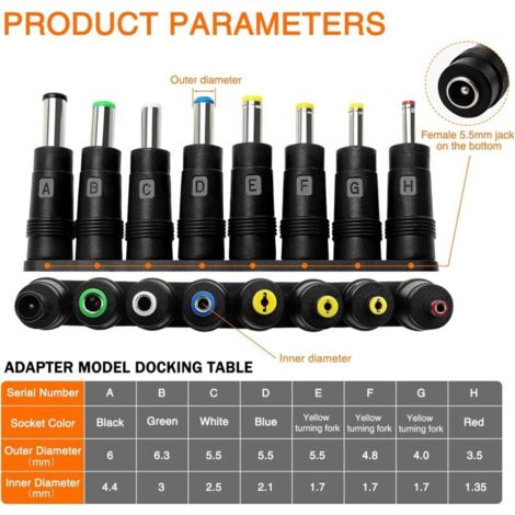 8-en-1 Adaptateur d'alimentation DC pour Ordinateur Portable, 5.5x2.1 mm Femelle à Mâle Adaptateur, avec Connecteur DC Mâle Femelle