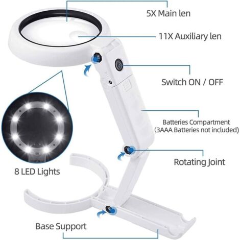 Loupe eclairante à Main sur Pied,5X 11X Loupe de Table avec Support Pliable , loupe de Lecture, loupe de Table avec lumière 8 LED, pour Lecture, l'inspection, Soudure, l'artisanat (1/3)