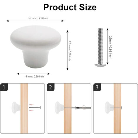 Lot de 10 Bouton En Céramique Blanc, Céramique Poignée Porte, Rétro Rond En Céramique Armoire Tiroir Cuisine Poignée De Traction 32mm Avec 3 tailles de vis (1/3)