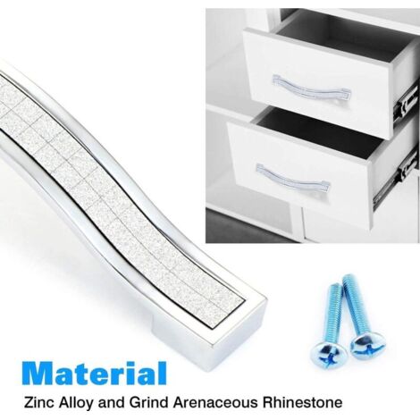 Lot de 5 poignées de tiroir en alliage strass cristal pour commode armoire de cuisine placard, Silver, 128MM-5PCS (1/3)