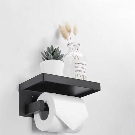 Porte Papier Toilette, Support Papier Rouleau sans Percage Derouleur Papier WC,Distributeur Papier avec Tablette, Acier INOX SUS 304, Colle Auto-adhésive et Mural pour Salle de Bain Noir (1/3)