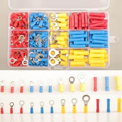 258pcs Cosses Electriques a Sertir Anneau Connecteurs Bout à Bout, 12 Types Cosses a Sertir Anneau Cosses Bout à Bout Bornes électriques, Bornes à Sertir Isolées Connecteurs de Câble de Fil électrique (1/3)