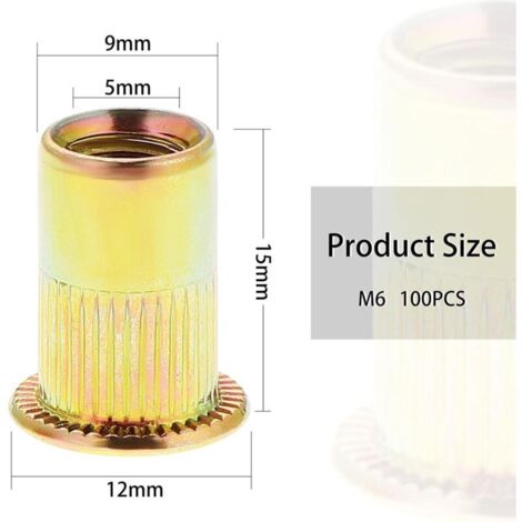 100 Pièces Écrou à Rivet M6 Fileté à Tête Plate, Écrous à Riveter Fileter en Acier au Carbone Zingué, Assortiment M6 Rivet Inserts Filetés pour Métal Plastique (12 mm x 15 mm) (1/3)