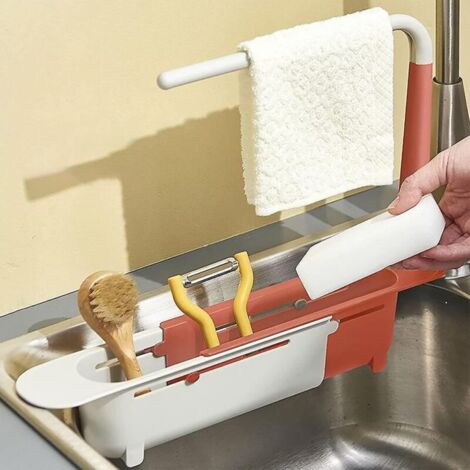 Support de rangement pour évier réglable – Support de rangement pour évier télescopique, organisateur d'évier, panier d'évier extensible pour la cuisine de la maison (rouge) (1/3)