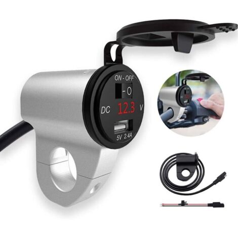 Chargeur de téléphone pour moto avec voltmètre et fusible, chargeur étanche pour prise USB de moto avec interrupteur, adapté aux guidons de moto d'un diamètre de 2,2 cm, prise USB unique, argent. (1/4)