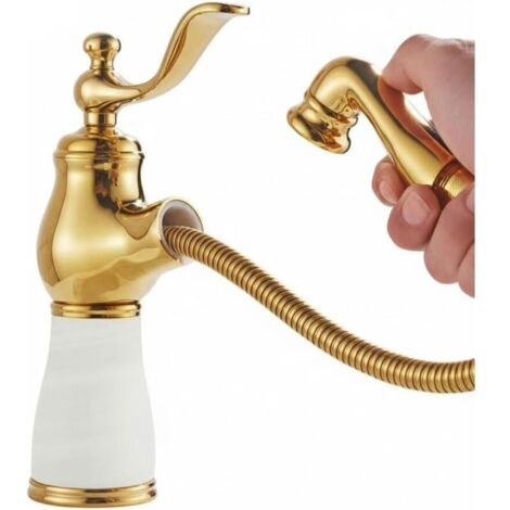 Robinet de lavabo monotrou à montage sur plage avec douchette extractible et poignée unique, robinet d'eau chaude et à eau froideo (Blanc, Or B Court) (1/4)