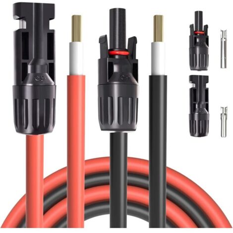 Cable d'extension solaire connecteur male et femelle vers fil nu 10AWG 20 pieds rouge + noir avec 1 paire de connecteurs de panneau solaire gratuits