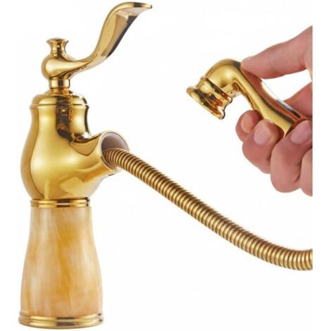 Robinet de lavabo monotrou à montage sur plage avec douchette extractible et poignée unique, robinet d'eau chaude et à eau froideo (Jaune, Or B Court) (1/4)
