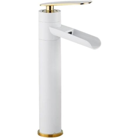 Bassin Robinet à trou de salle de bain robinet d'eau chaude et à eau froide, blanc et or, haut, robinet de salle de bain, de lavabo monotrou (1/4)