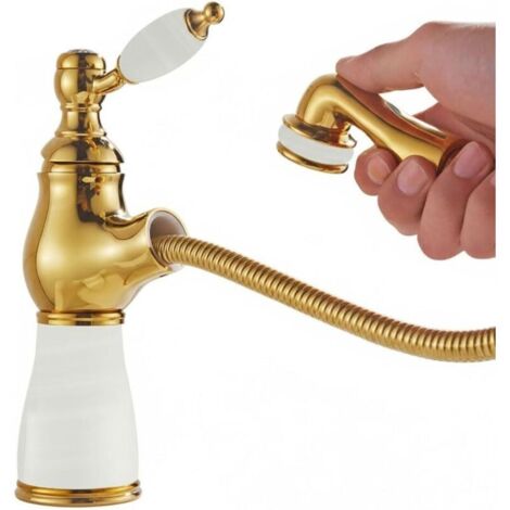 Robinet de lavabo monotrou à montage sur plage avec douchette extractible et poignée unique, robinet d'eau chaude et à eau froideo (Blanc, Or A Court) (1/4)