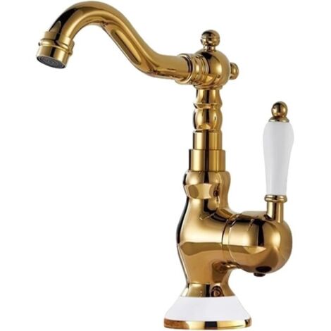 Robinet de lavabo à poignée unique et col de cygne, pivotant à un trou, robinet d'eau chaude et à eau froideo,dore, court,base et poignée en céramique (1/4)