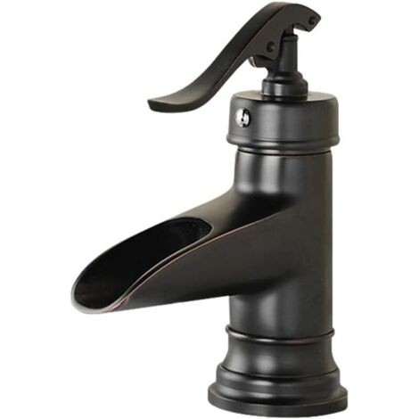 Robinet de lavabo cascade à levier unique, robinets de salle de bain classiques à un trou, robinet d'eau chaude et à eau froideo (Noir, court, A) (1/4)