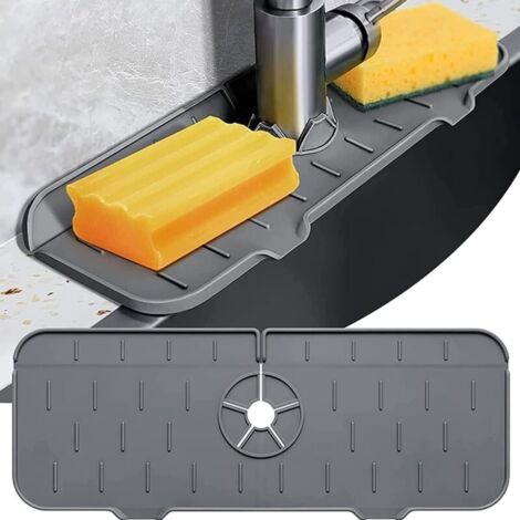 Tapis de Robinet en Silicone pour Évier de Cuisine Pare-Éclaboussures Plateau Anti Goutte pour Robinet Bac de Capture de Poignée Protection Contre Les Éclaboussures D'évier (Gris) (1/4)