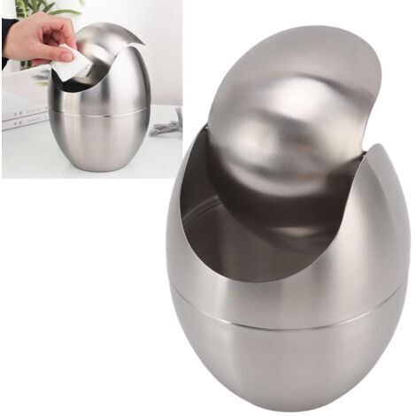 Mini poubelle en acier inoxydable 304, poubelle de comptoir avec couvercle rotatif, design en forme d'œuf, convient pour le bureau, le comptoir de la cuisine, la coiffeuse, la chambre et la cuisine. (1/4)