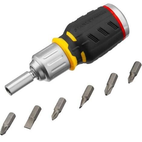 Tournevis Stanley FMHT0-62688 avec 6 embouts interchangeables, série FatMax - mécanisme à cliquet à 40 dents - angle de rotation de 9° - 3 positions de cliquet - poignée bimatière, noire. (1/4)