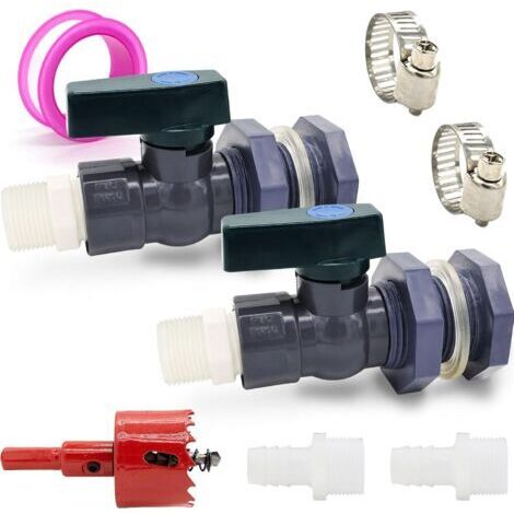 Kit de raccordement pour réservoir d'eau en PVC (2 pièces), robinet pour seau de jardin de pluie (avec raccord à chicane), adaptateur de tuyau (25 mm + 16 mm), outil d'élargissement de trou, vanne à b (1/4)