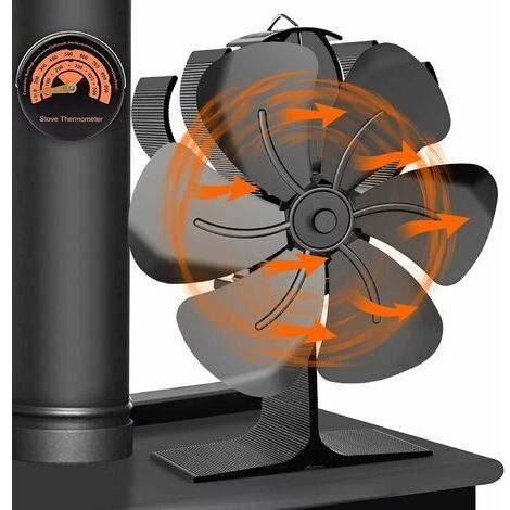 Ventilateur de poêle à bois, ventilateur de cheminée à 6 pales entraîné par la chaleur, avec thermomètre pour poêle, convient aux poêles à bois, cheminées, poêles à gaz, poêles à bois et poêles à gran (1/4)