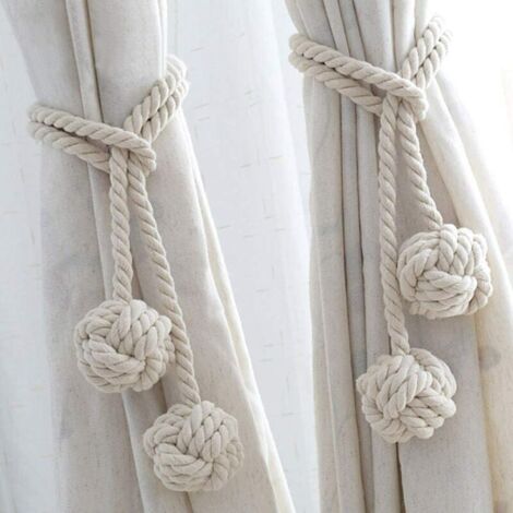 Décorations de rideaux à nouer, composées de boules de coton tissées à la main, accessoires créatifs pour rideaux, lot de 2, blanc cassé + 1 paire de liens (1/4)
