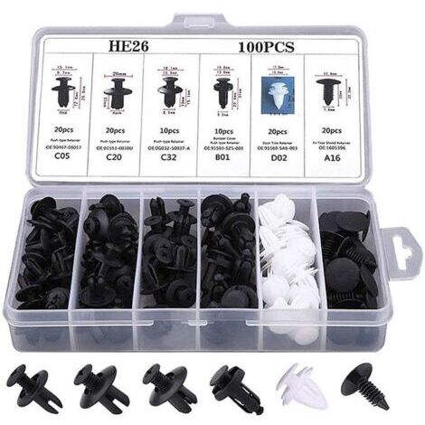 Lot de 100 rivets de fixation pour ailes de voiture - 6 tailles - Matériau en nylon - Convient pour les pare-chocs et les bas de caisse (1/4)