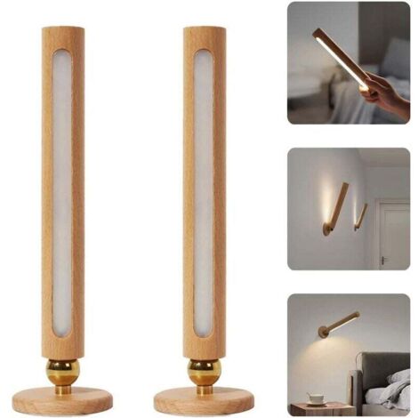 Lampe murale LED magnétique en bois rotative à 360 degrés, rechargeable, détachable, gradation progressive, veilleuse USB, convient aux chambres (lot de 2). (1/4)