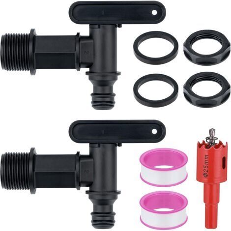 Un ensemble de 2 robinets pour réservoir d'eau de pluie, des raccords de tuyau de 3/4 de pouce, des pièces de rechange en plastique, du ruban adhésif étanche et un outil pour percer les trous pour l'i (1/4)