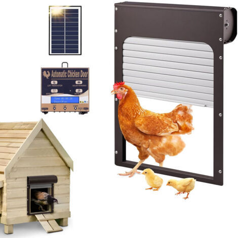 Porte automatique pour poulaillerCadre en tôle de fer et alliage d'aluminiumAlimentation par piles ou solaireMinuterie intégrée (1/5)