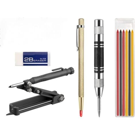 Outil de traçage Outil de marquage multifonctionnel Crayon de construction Crayon à bois avec 6 mines Marqueur de trou profond Crayon mécanique avec gomme (1/5)