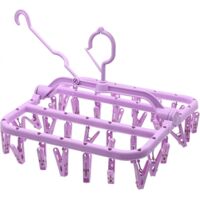 Sock Drying Rack, Clothes Drying Rack with 32 Clips, Foldable Windproof Sock Drying Rack for Underwear, Socks, Baby Clothes, Towels, Plastic Hangers (Purple)