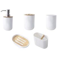 5 Piece Bamboo Bathroom Accessories Set with Toothbrush Holder, Tumbler, Soap Dispenser, Bathroom Bowl