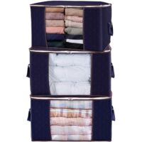 Large Capacity Clothes Storage Bag Organizer with Thick Fabric Reinforced Handle for Quilts, Blankets, Bedding, Collapsible with Heavy Duty Zipper, Clear Window, 3 Pack, Dark Blue