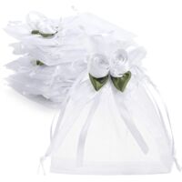 50 Pack White Rose Organza Drawstring Gift Bags, 4" x 5", Wedding Favor Gift Bags, Small Mesh Candy Bags, Jewelry Pouches for Party, Wedding, Christmas, DIY.