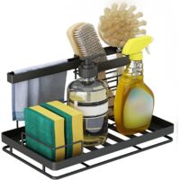 Kitchen Sink Sponge Holder, Kitchen Sink Storage Sponge Brush Holder Organizer with Drainage Tray, for Storage Dishwashing Liquid, Sponge, Cleaning Brush, Dish Towels (Black)