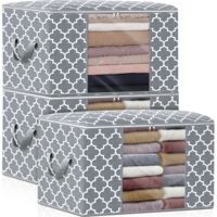 Storage Bags 100L Set of 3 Large Clothes Blankets and Storage Containers for Bedding, Duvets, Collapsible Organizer with Reinforced Handle, Clear Window, Heavy Duty Zippers, Gray