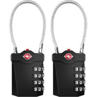 Suitcase Padlock, TSA 4-Digit Combination Padlock with Opening Alarm, Gym Cable Lock (2 Pieces, Black)