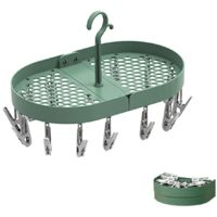 Sock Drying Rack, Hanging Clothes Drying Rack, Foldable, Multifunctional, with 360° Swivel Hook and 14 Clothes Pegs, for Lingerie, Socks, Towels (Green)