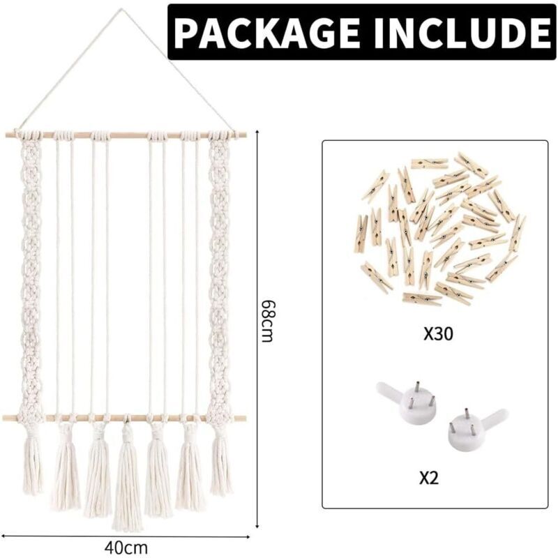 Présentoir Photo Macramé Présentoir Mural Macramé Avec 30 Pinces En Bois - Cadre Photo Déco Boho - Largeur 40 Cm, Longueur 66 Cm Idée Cadeau Déco Intérieure