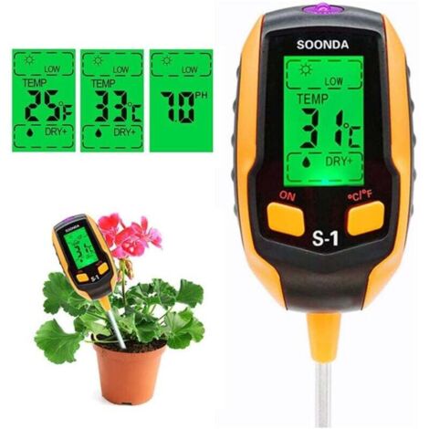 Testeur de sol 4 en 1, testeur d'humidité, pH mètre, kit de test numérique de sol, pH température du sol, lumière du soleil, test d'acidité pour jardin, ferme, pelouse, plantes d'intérieur