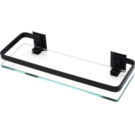 Étagère murale de salle de bain en aluminium, verre trempé Extra épais, panier rectangulaire à 1 niveau, montage mural noir, 35x12x4.5cm (1/4)
