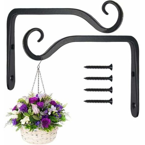 Paquet de 2 crochets de suspension muraux noirs, supports de panier suspendu en fer forgé en métal, support de panier suspendu pour mangeoires à oiseaux/plantes/lanternes/carillons éoliens (avec vis)