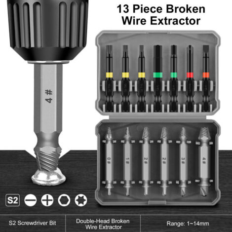 13 Pièces kit Extracteur de Vis Cassée ,1-14mm Extracteur de Vis Dénudé, Extracteur de Petite Vis Pour Percer et Enlever des Vis Endommagées (1/4)