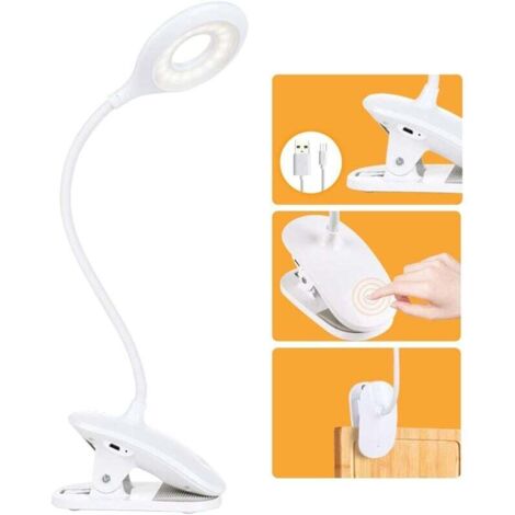 Lampe de Bureau LED, Lampe de Lecture 1200mAh Rechargeable 16 LEDs 3 Luminosité Lampe Pince pour Lit 360° Flexible Lampe de Chevet Tactile sans Fil pour Enfant, Nuit, Étude et Travail (1/4)