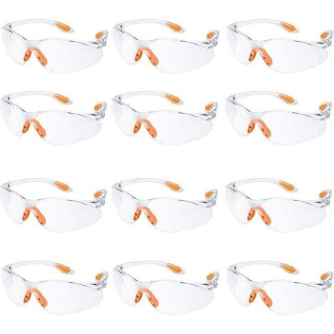 Lot de 12 lunettes de sécurité, lunettes de protection des yeux, travail avec verres transparents, nez en caoutchouc, chantier de construction, lunettes de sécurité de travail, résistantes aux rayures (1/4)