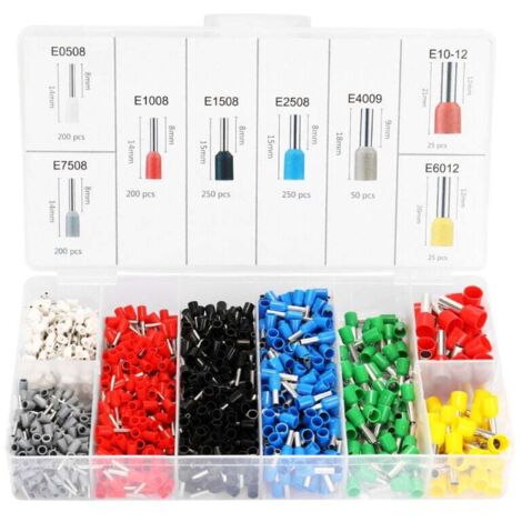 Assortiment de 1 200 connecteurs de fils électriques isolés à sertir pour tubes en E avec boîte de rangement
