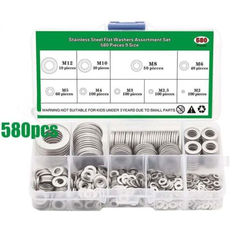 Rondelles Metal, 580 Pièces Rondelle Inox, rondelles plates et rondelles de sécurité Acier Inoxydable 304, Penny Rondelles, Joint Plat pour Vis et Boulons-M2 M2.5 M3 M4 M5 M6 M8 M10 M12
