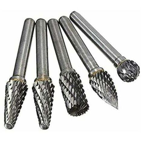 Fraises Diamant, 5 PCS 6mm Queue Tête Tungstène Carbure Double Coupe Rotary Burr Set Pour Travail du Bois Gravure Die Grinder Carving Burr Bit Set (1/4)